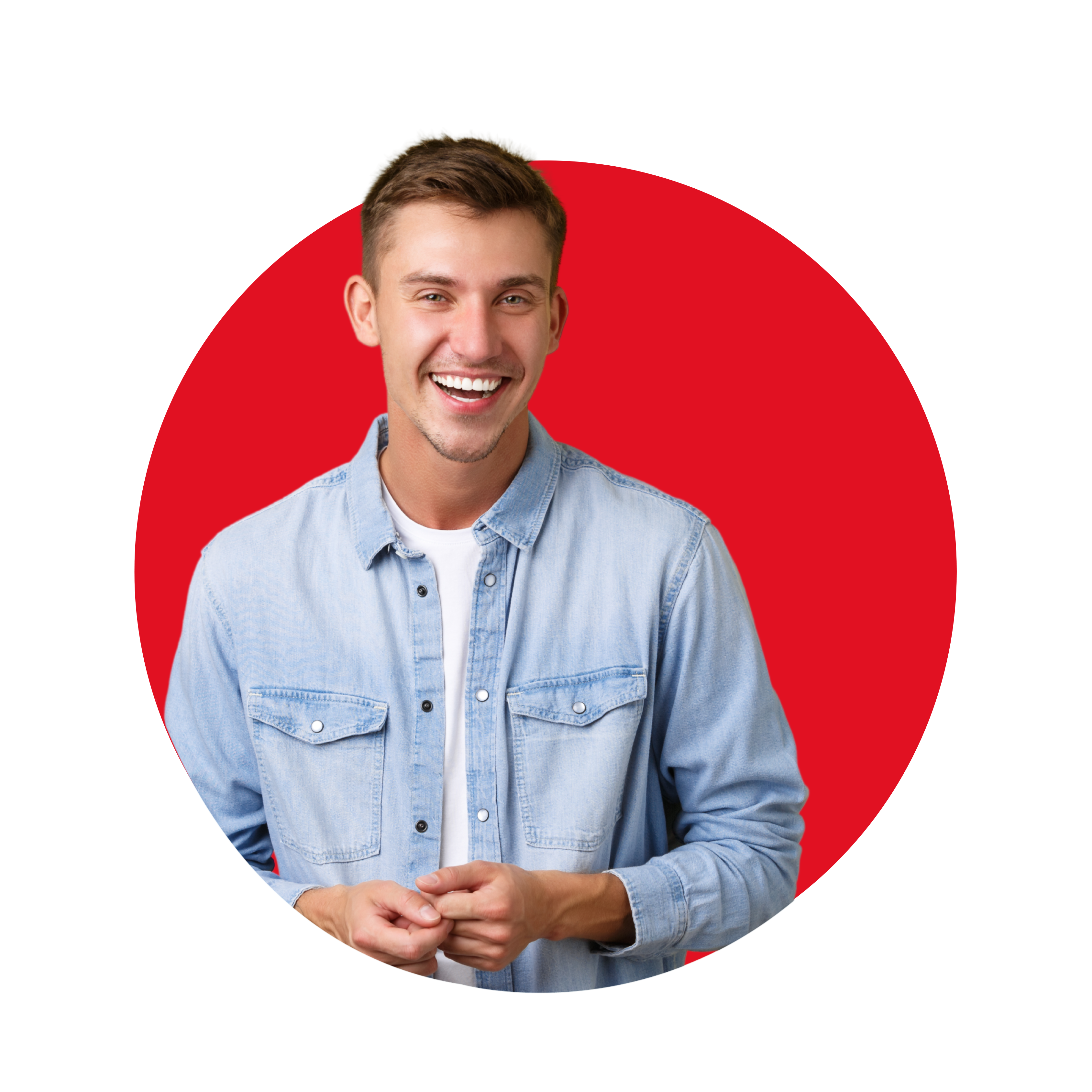 ragazzo sorridente con capelli chiari - indossa una camicia azzurra - sfondo rosso