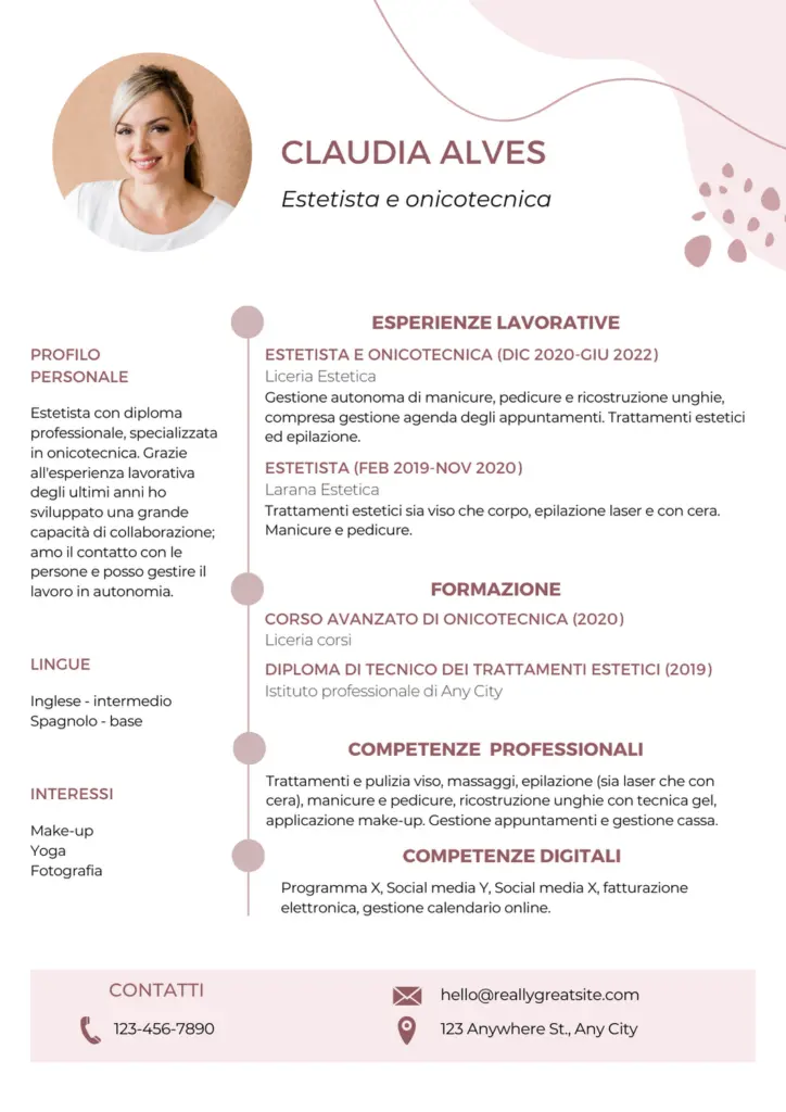 esempio CV benessere Areajob